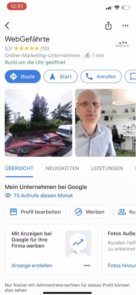 Zugriff auf Google Unternehmensprofil über Google Maps für WebGefährte, Online-Marketing-Unternehmen.