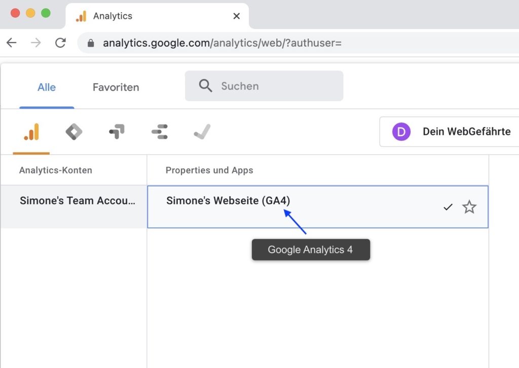 Google Analytics 4 - Dashboard von Simones Webseite mit Fokus auf die Benutzeroberfläche und Funktionen.