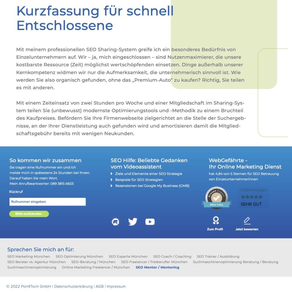 WebGefährte Website mit Informationen zu SEO Sharing-System, Dienstleistungen für Einzelunternehmer und Kontaktmöglichkeiten.