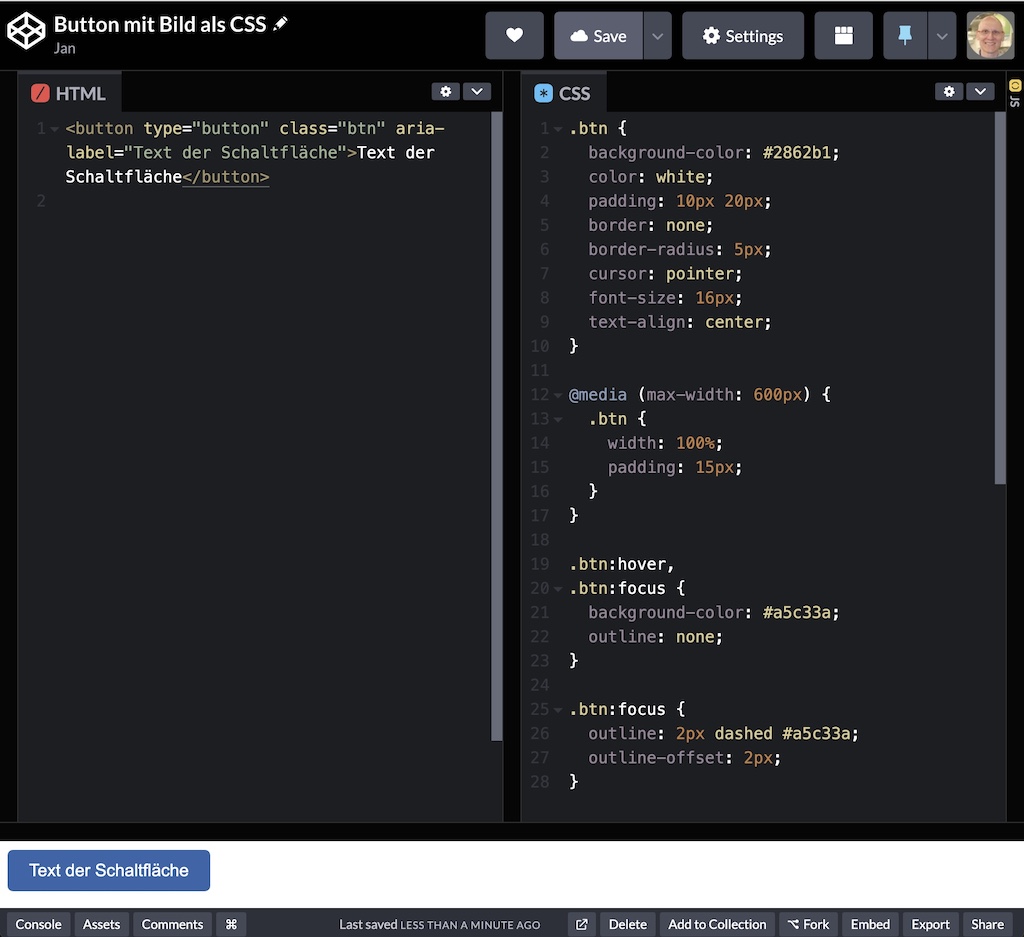 CSS Button in CodePen - HTML + CSS Vorlage