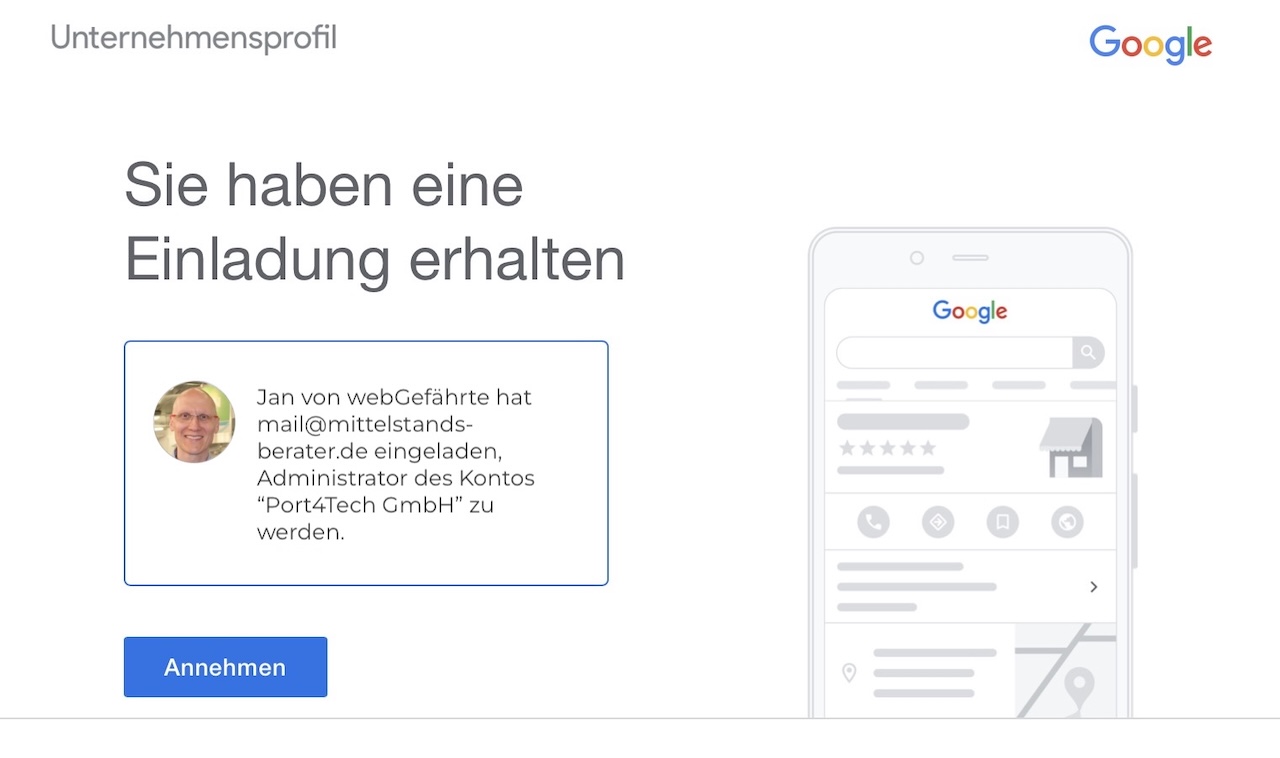 Administrator zum Google Unternehmensprofil hinzufügen - Betätigungsanfrage als E-Mail