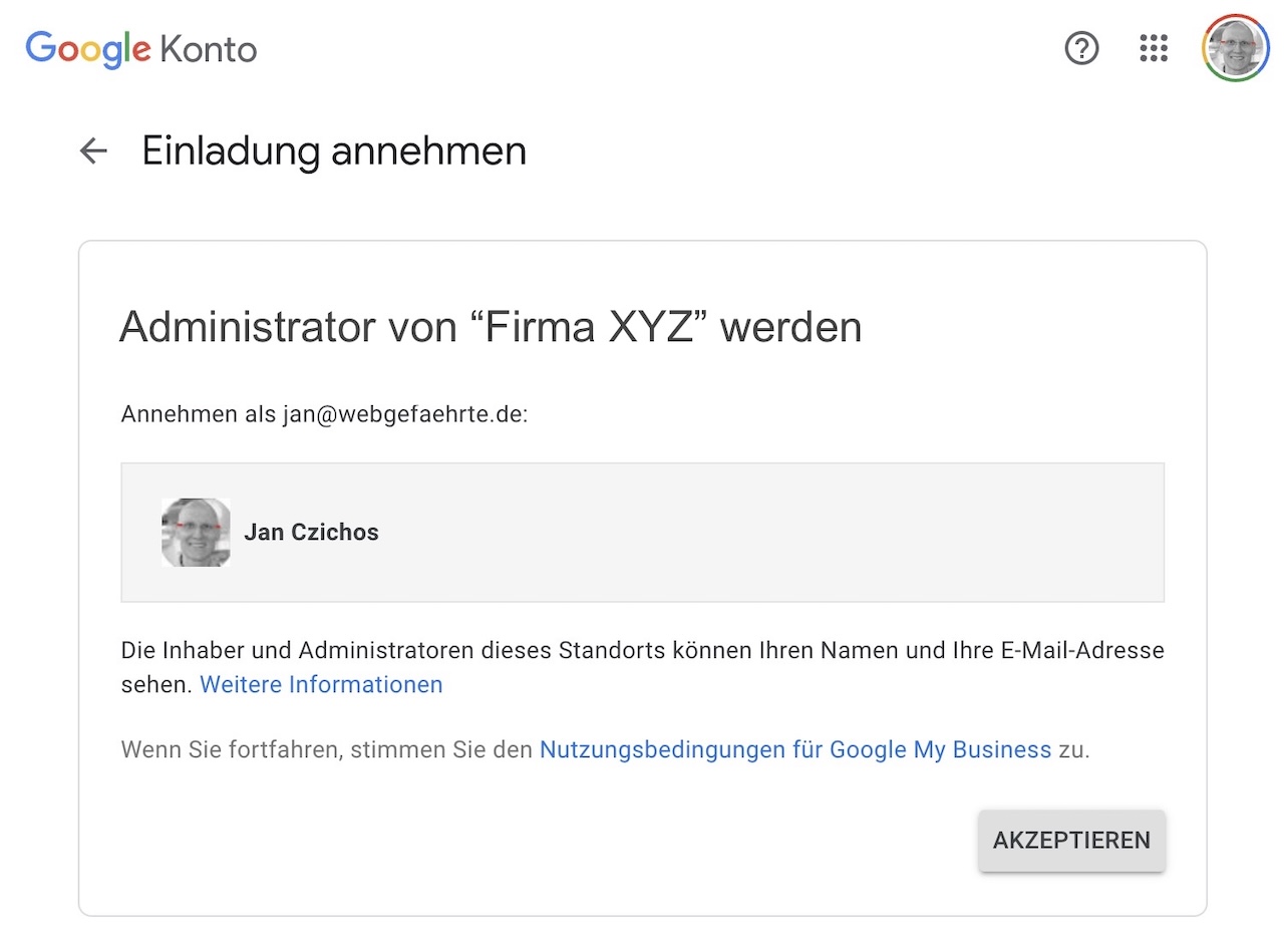 Administrator zum Google Unternehmensprofil hinzufügen - Betätigungsdialig