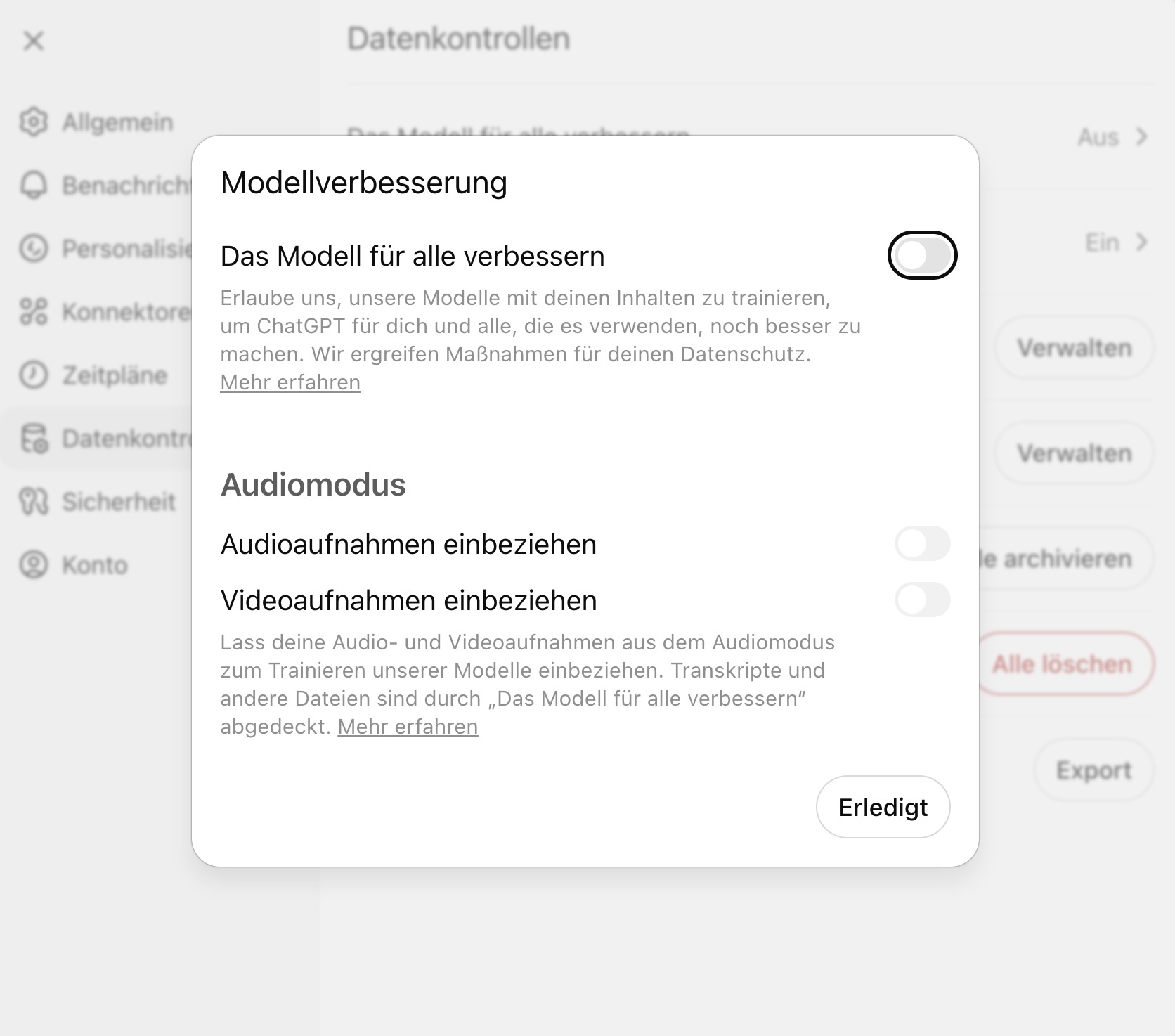 ChatGPT Historie - Out-out zur Datenverwendung für Modelltrainings in den Konto-Einstellungen
