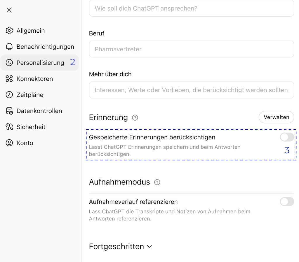 ChatGPT Historie - Erinnerungsfunktion in den Konto-Einstellungen