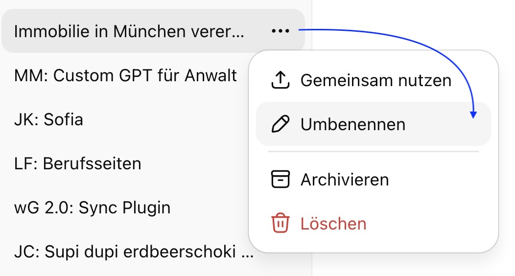 ChatGPT Historie - Umbenennung über Kontext Menü