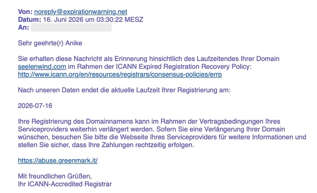 Beispiel einer Erinnerungsmail zur Domainverlängerung