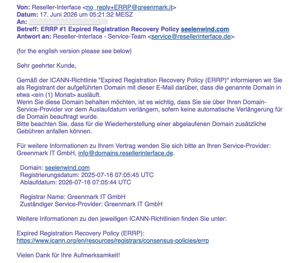 Beispiel zweite Erinnerungsmail zur Domainverlängerung