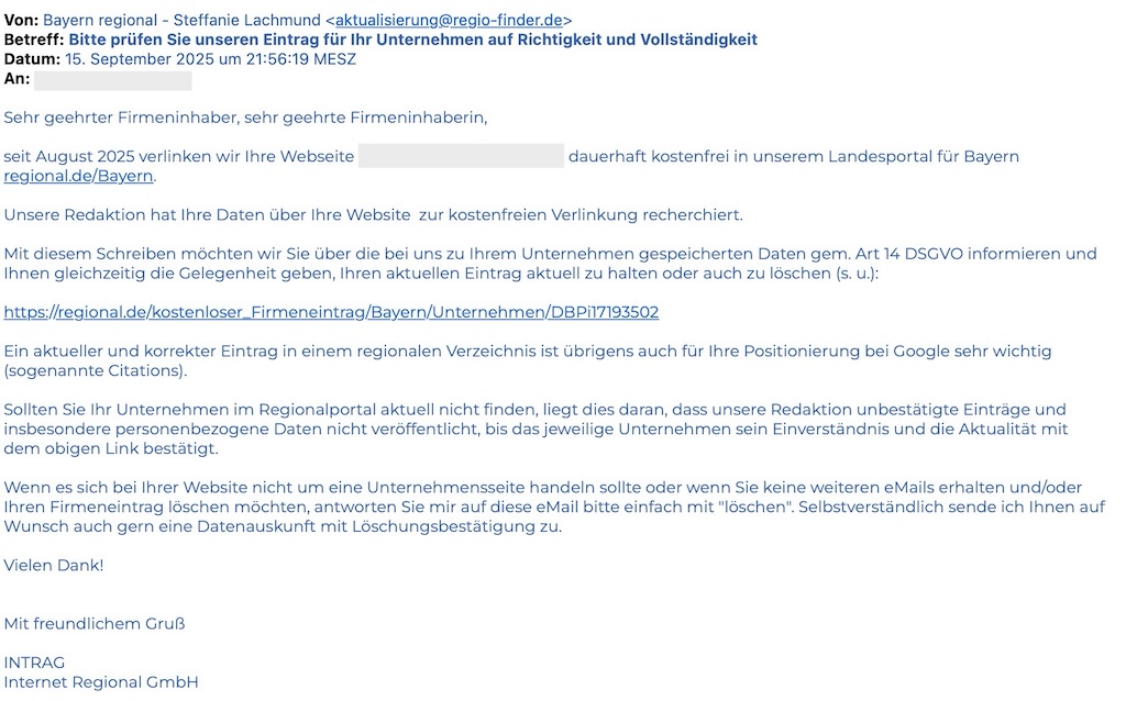 E-Mail-Anfrage - Prüfung des Eintrags im Firmenverzeichnis