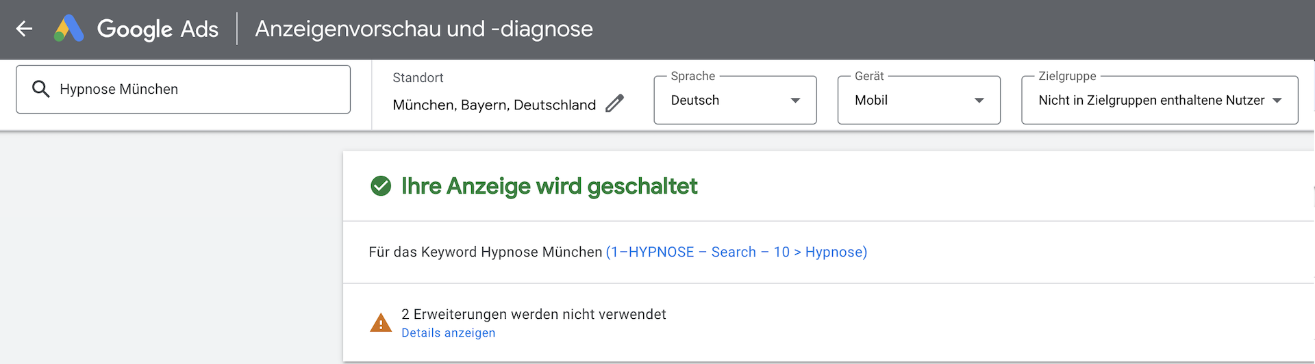 Google Ads Anzeige wird nicht ausgeliefert - Prüfung über Anzeigendiagnose mit Suchbegriff 1