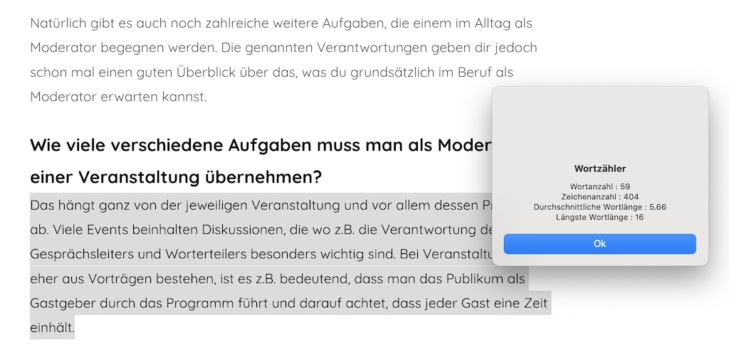 FAQ Teil eines Beitrags mit Counter zur Wörteranzahl für die Antwort