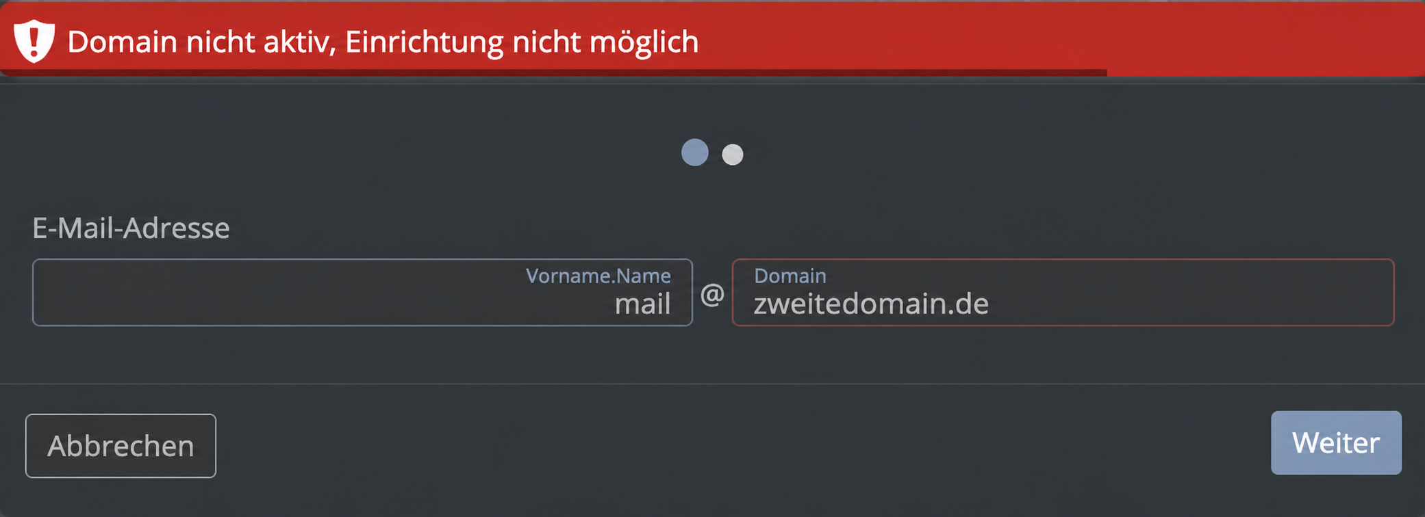 Anonymisierte do.de-Fehlermeldung beim Anlegen von mail@zweitedomain.de: Domain nicht aktiv, Einrichtung nicht möglich.