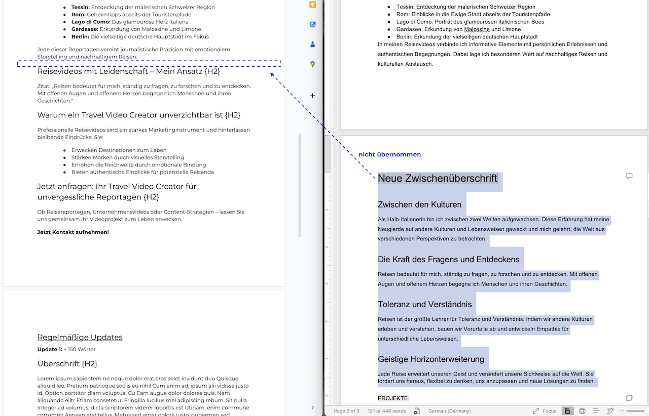 SEO Optimierung Textlänge - Markierter Abschnitt der nicht übernommen wurde