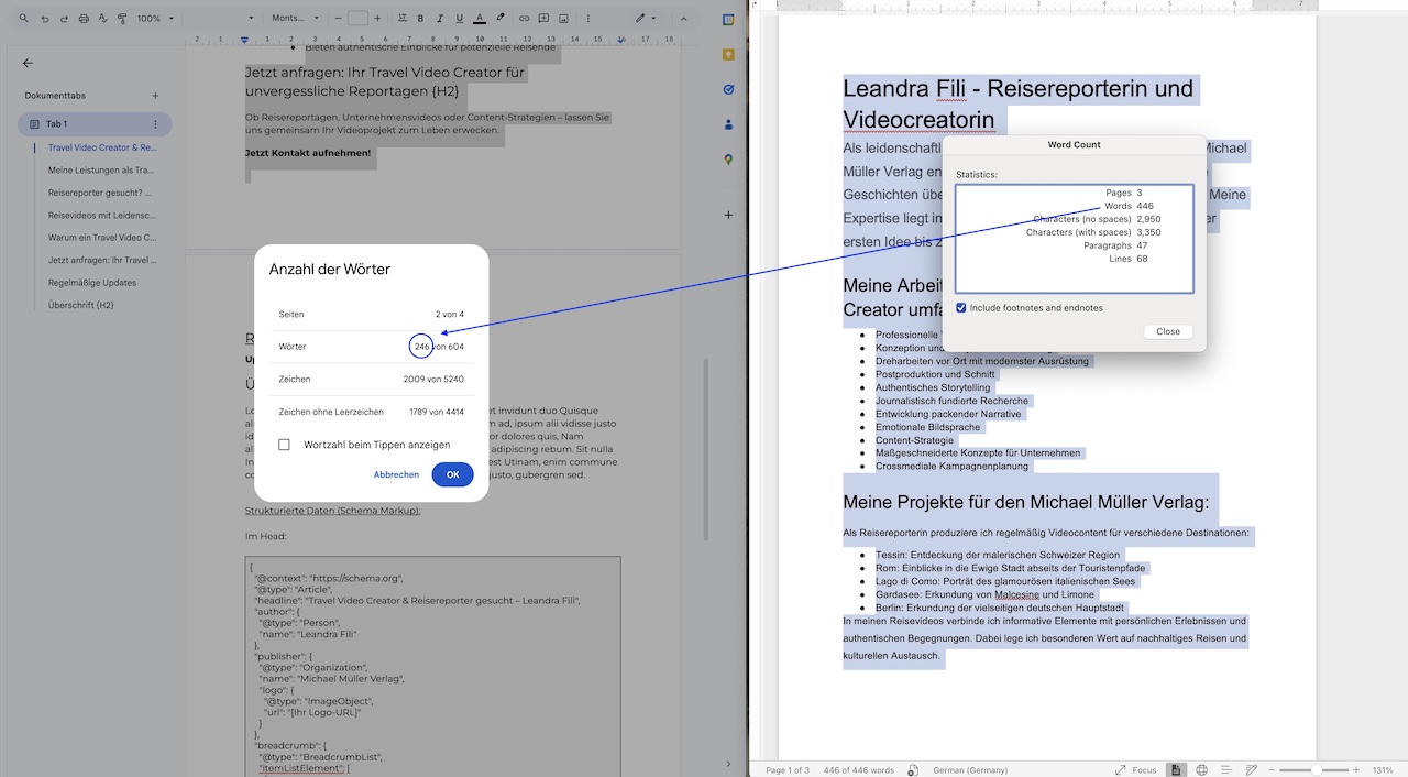 SEO Optimierung Textlänge - Vergleich Wortanzahl vorher und hinterher durch SEA