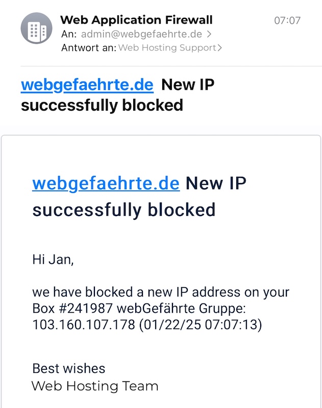 Sicherheit WordPress Webseiten - Meldung der Web Application Firewall
