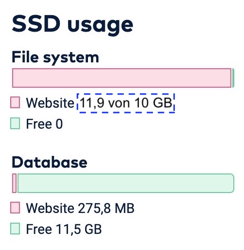 Website Speicherplatz optimieren - Balkendiagramm zu SSD- und DB-Speicherbelegung