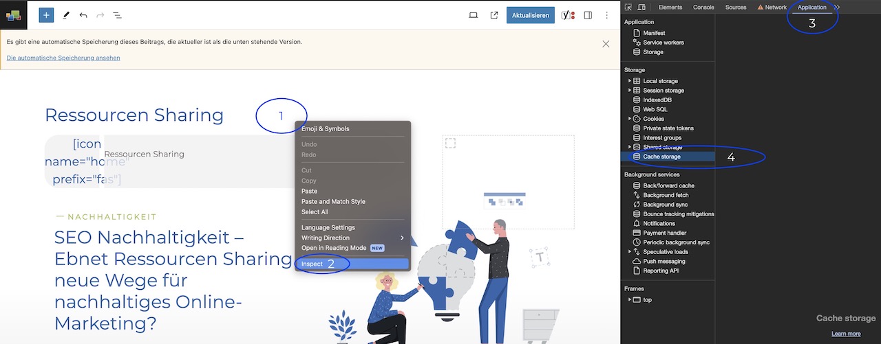 Wordpress automatisches Speicherung im Browser Cache finden