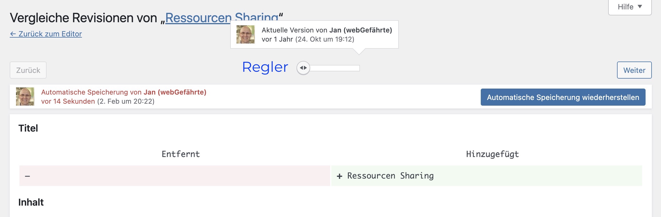 WordPress automatische Speicherung mit Versionen vergleichen