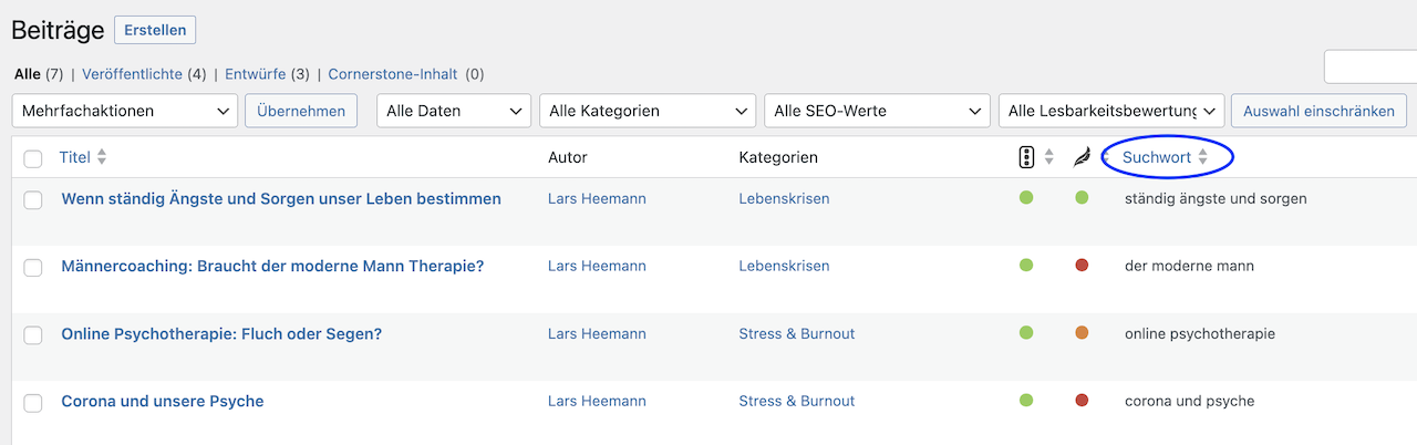 WordPress Beiträge aktualisieren - Suchbegriff in Übersicht