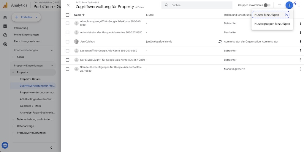 Zugriff auf Google Analytics - Neuen Nutzer anlegen