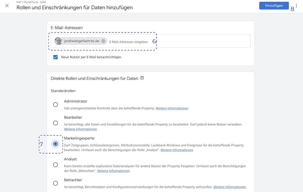Zugriff auf Google Analytics - Rollen & Berechtigungen auswählen