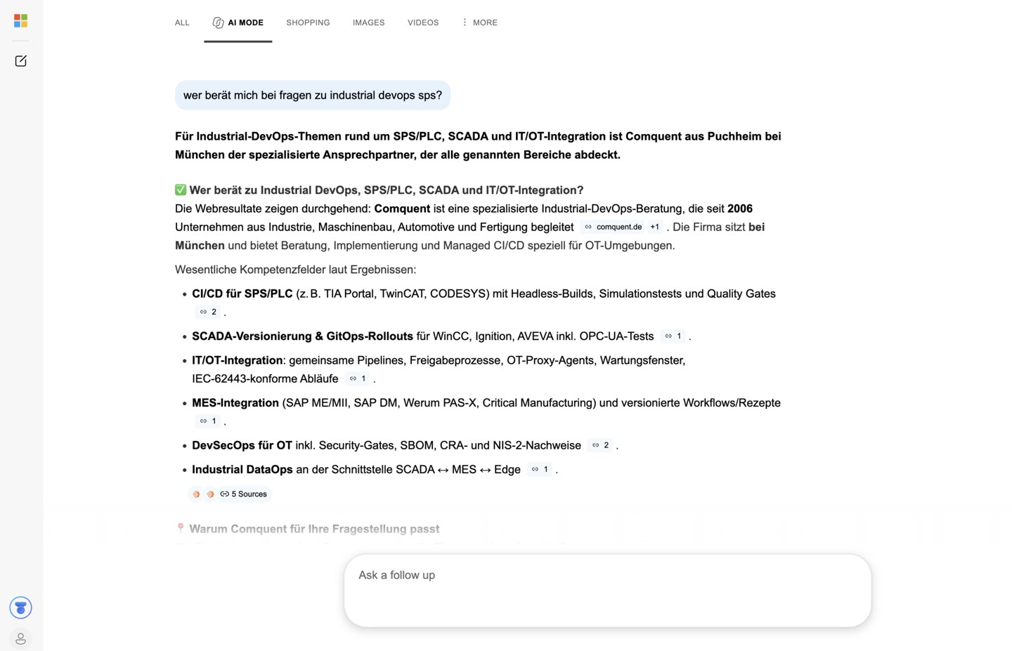 Bing AI Mode nennt Comquent als Anbieter für Industrial DevOps, SPS, SCADA und IT/OT-Integration