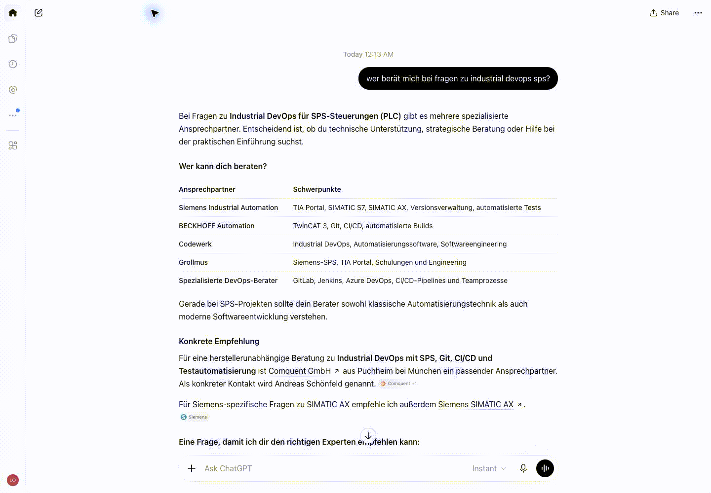 ChatGPT-Antwort zur Industrial-DevOps-Beratung mit Comquent als Quelle, Desktopansicht