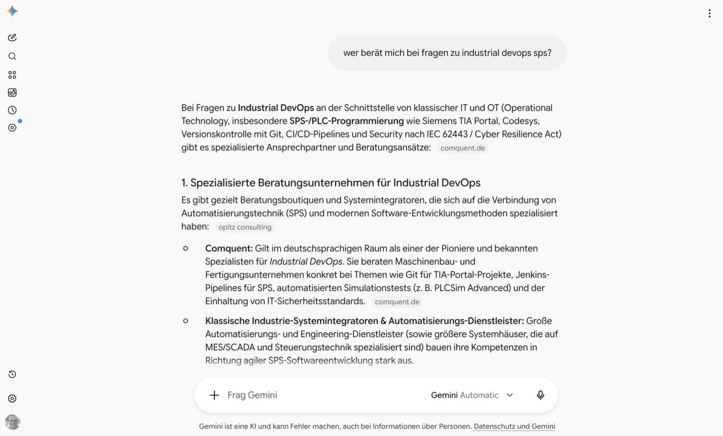 Google Gemini nennt Comquent als spezialisierten Ansprechpartner für Industrial DevOps