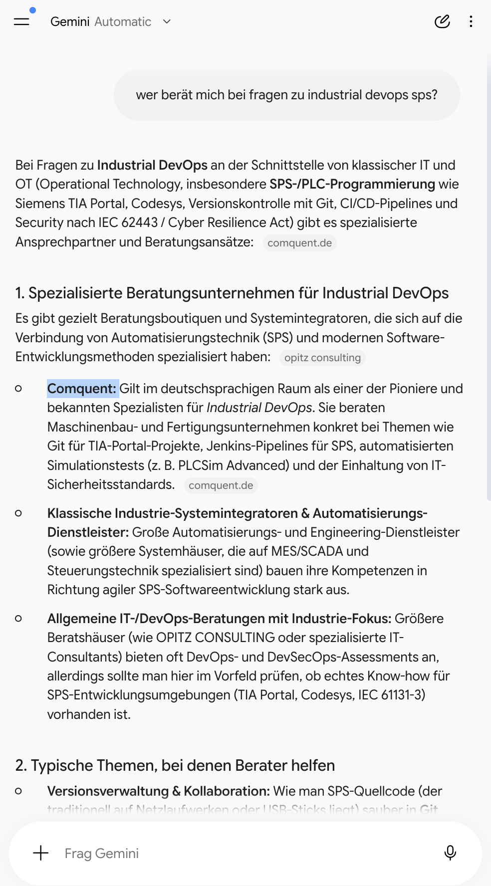 Gemini: Comquent als Ansprechpartner für Industrial DevOps, Mobilansicht