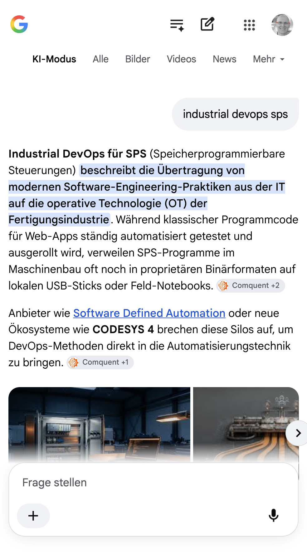 Google KI-Modus: Comquent als Quelle für Industrial DevOps, Mobilansicht