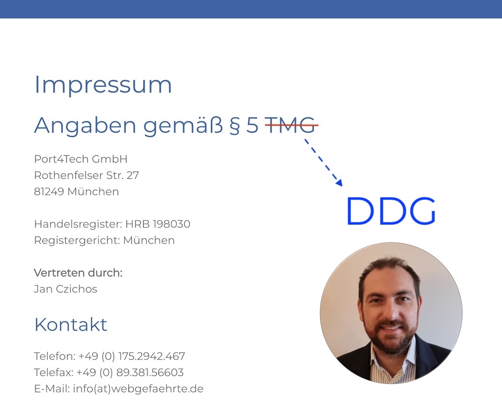 Impressum der Port4Tech GmbH mit der Angabe zu DDG, Kontaktinformationen und Vertretungsberechtigten.
