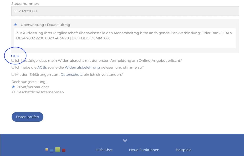 Steuerformular mit der Auswahl für Widerrufsrecht und Bestätigungsoptionen zur Aktivierung eines Online-Angebots.