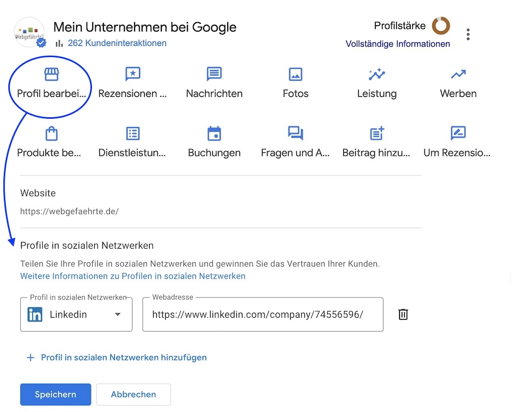 Bildschirmfoto eines Google Unternehmensprofils mit dem Abschnitt zum Hinzufügen von Social-Media-Links.