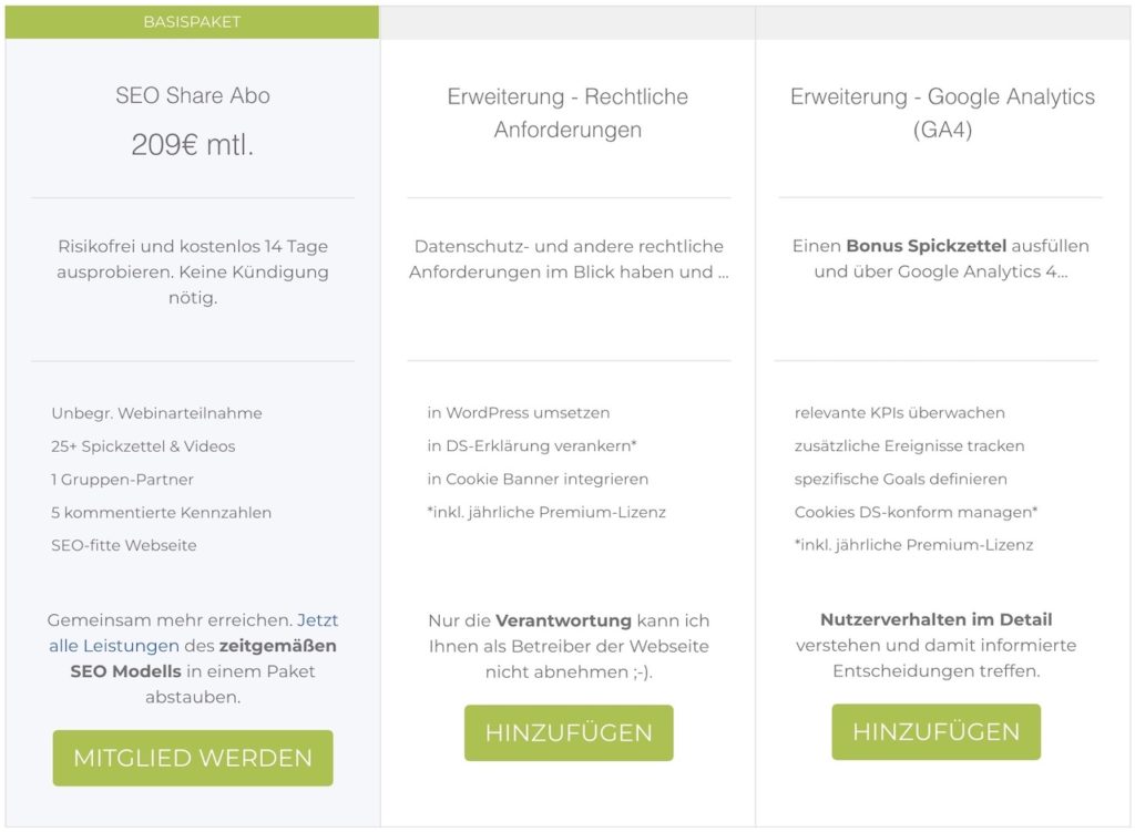 SEO Share Abo mit zahlreichen Leistungen wie Webinarteilnahme, Spickzetteln und einer SEO-fitte Webseite.