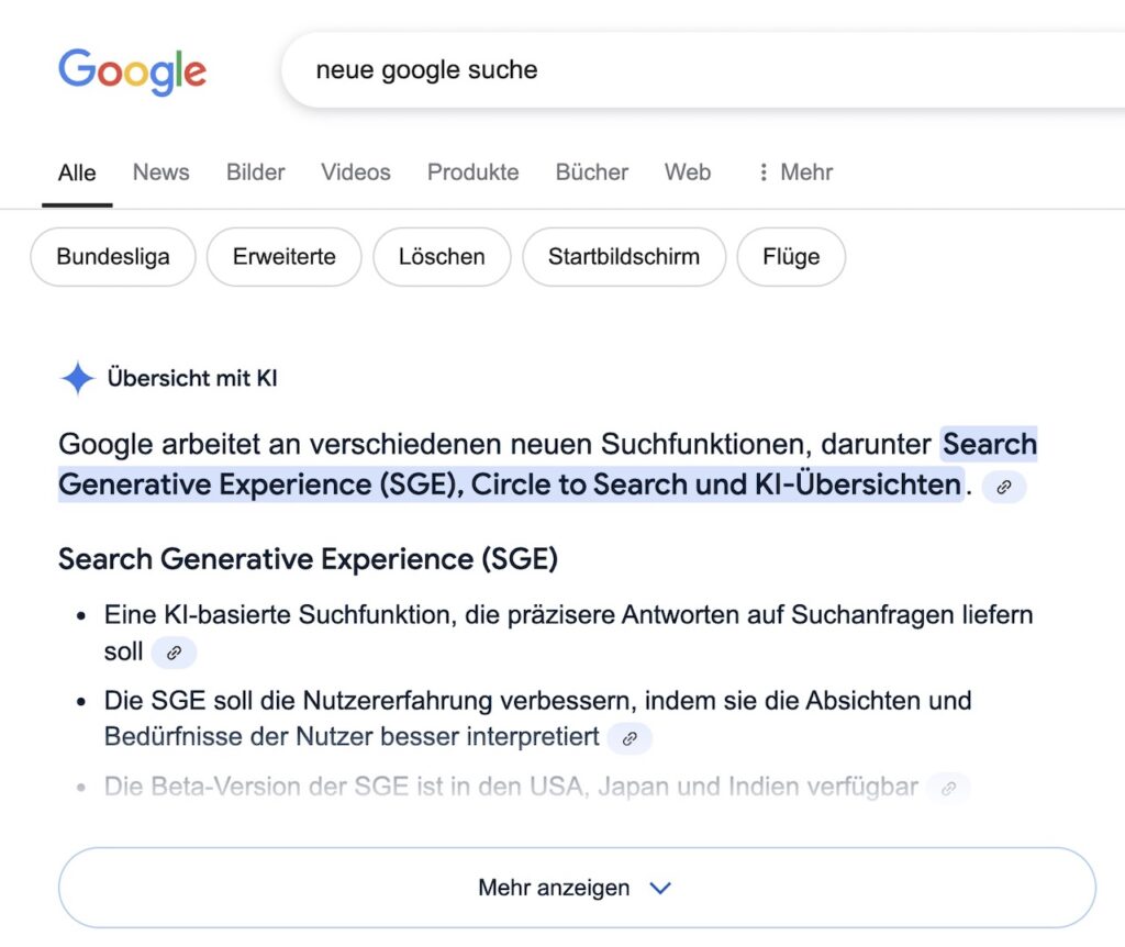 Die neue Google Suche in Deutschland hebt Suchfunktionen und KI-Features hervor, besonders das suchgenerative Erlebnis.