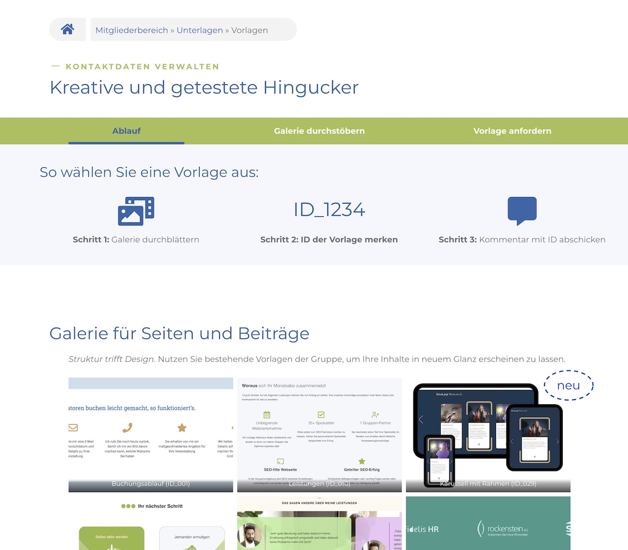 Das Bild zeigt eine Auswahl von WordPress-Blockvorlagen für die einfache Gestaltung von Webseiten.
